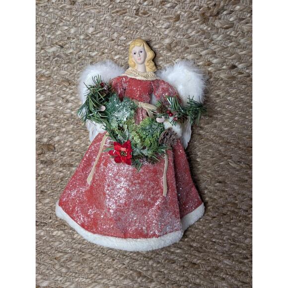 Victorian Christmas Feather Angel Tree Topper Red Green Frosted White Gown 16.5” - Picture 7 of 12